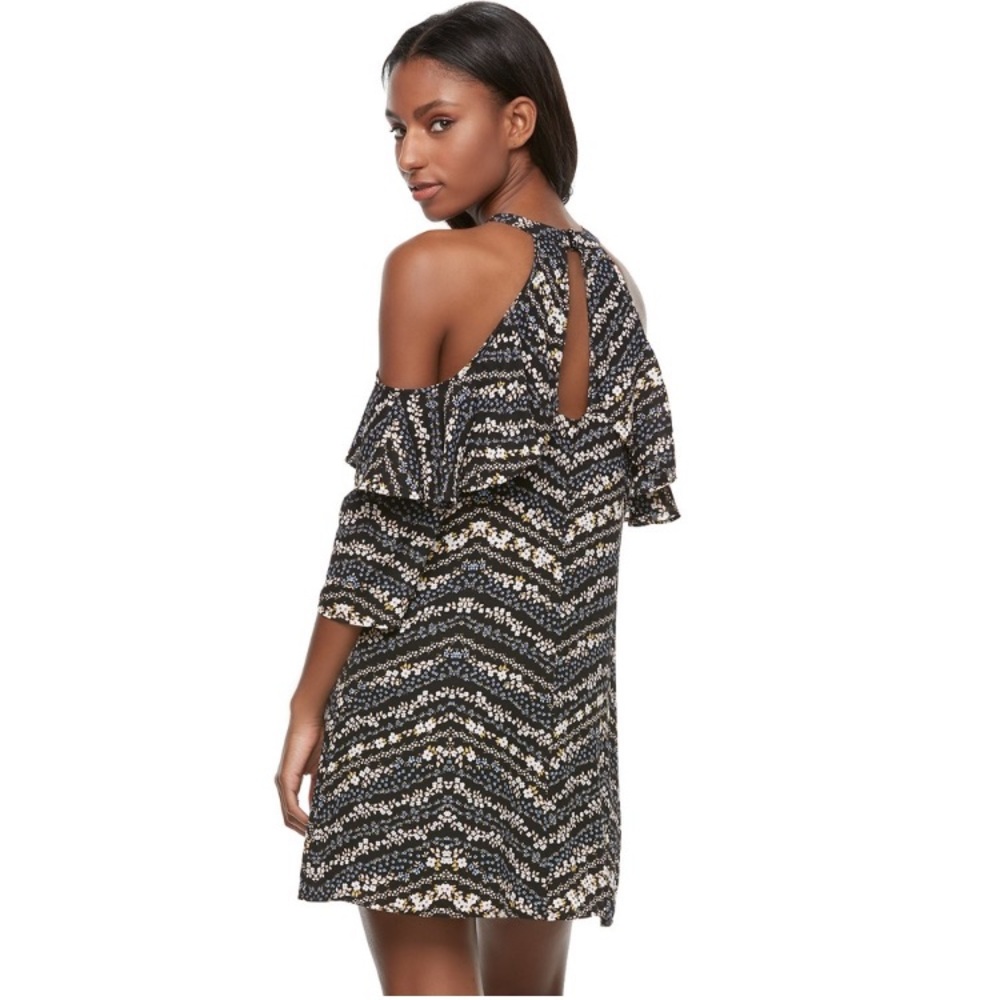 Candie's Cold-Shoulder Halter Dress "Daisy Party" Black w/Floral Print XS (Jr.)